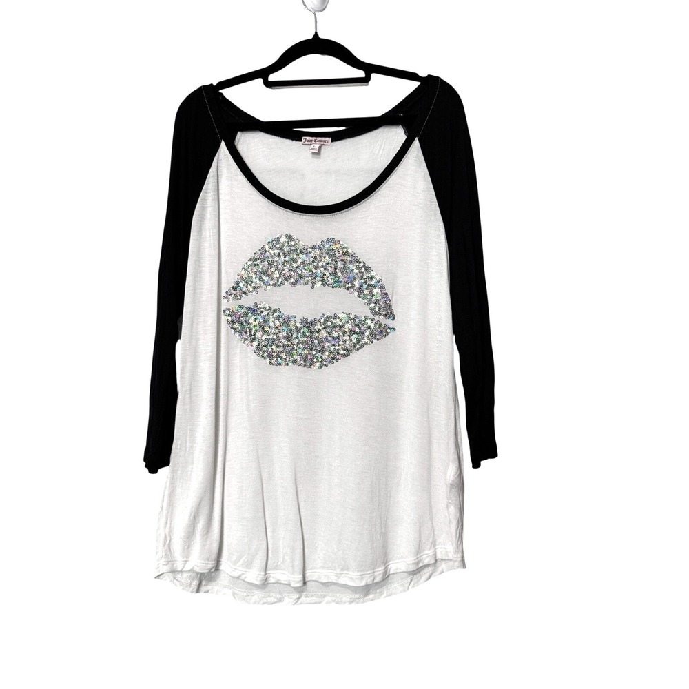Juicy Couture Women's Long Sleeve Baseball Tee Sequins‎ Lips White Black Size L